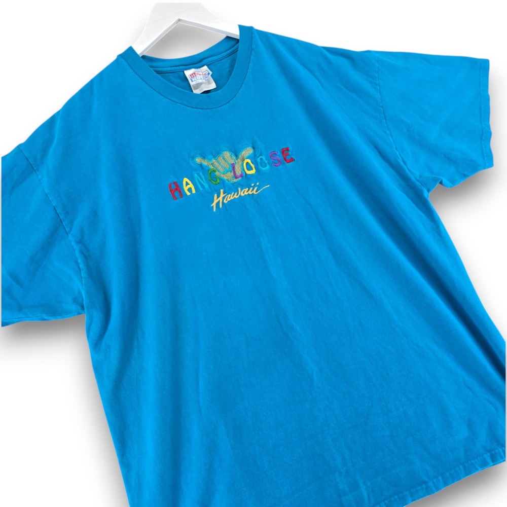Hanes Beefy-T Mens XXL Blue T-Shirt Cotton Hang Loose Hawaii Embroidered Shaka